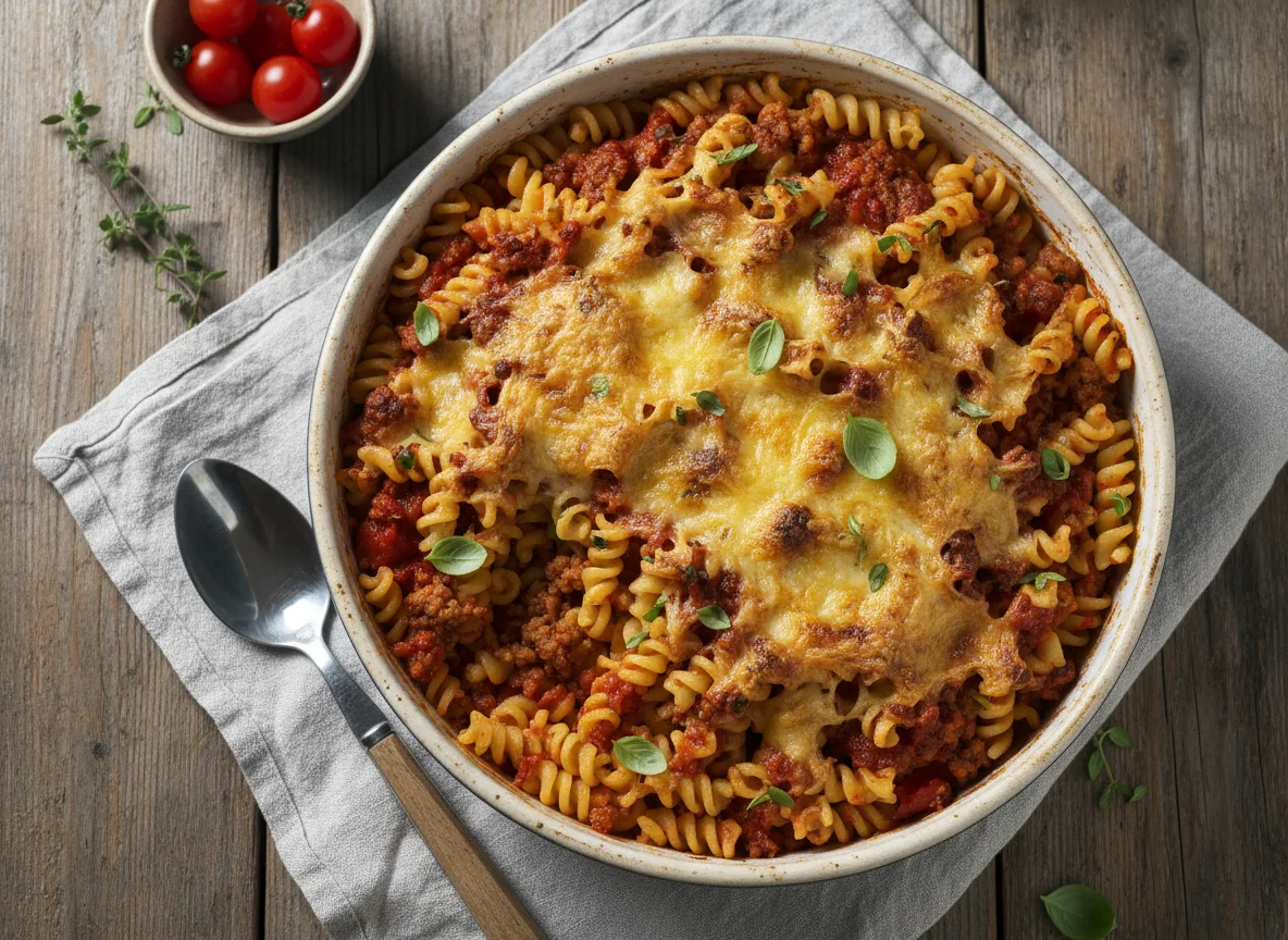 Nudelauflauf mit Hackfleisch und Käse photo