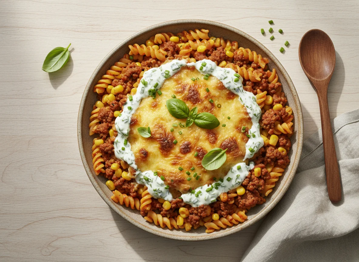 Nudelauflauf mit Hackfleisch und Mais photo