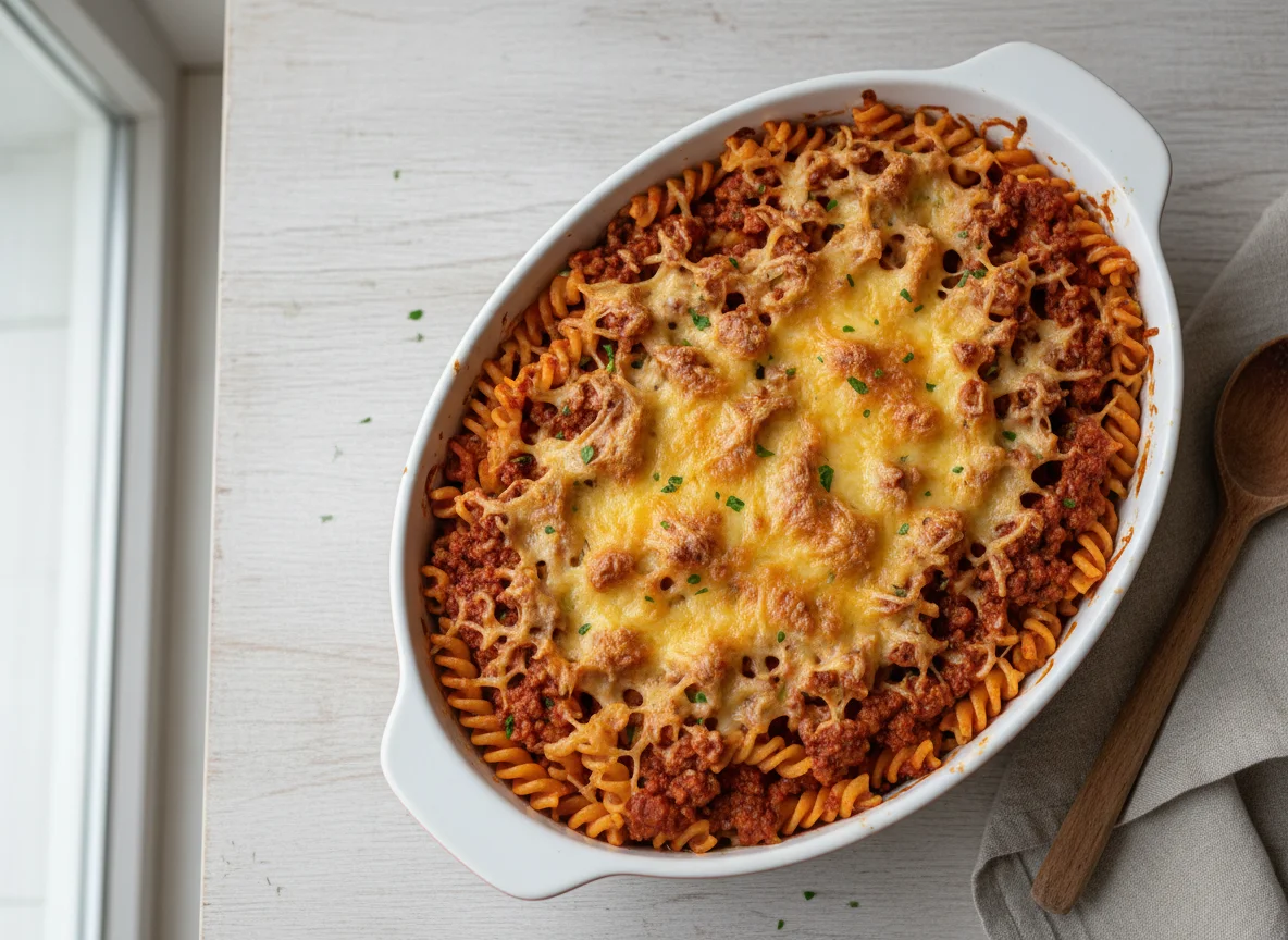 Nudelauflauf mit Hackfleischsauce und Käse photo