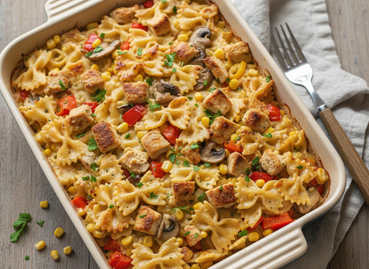 Nudelauflauf mit Hähnchen und Gemüse in Sahnesauce photo