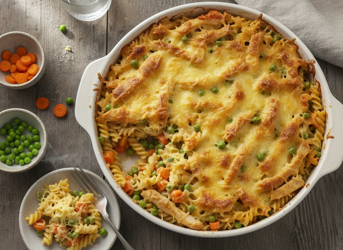 Nudelauflauf mit Hähnchen und Gemüse photo