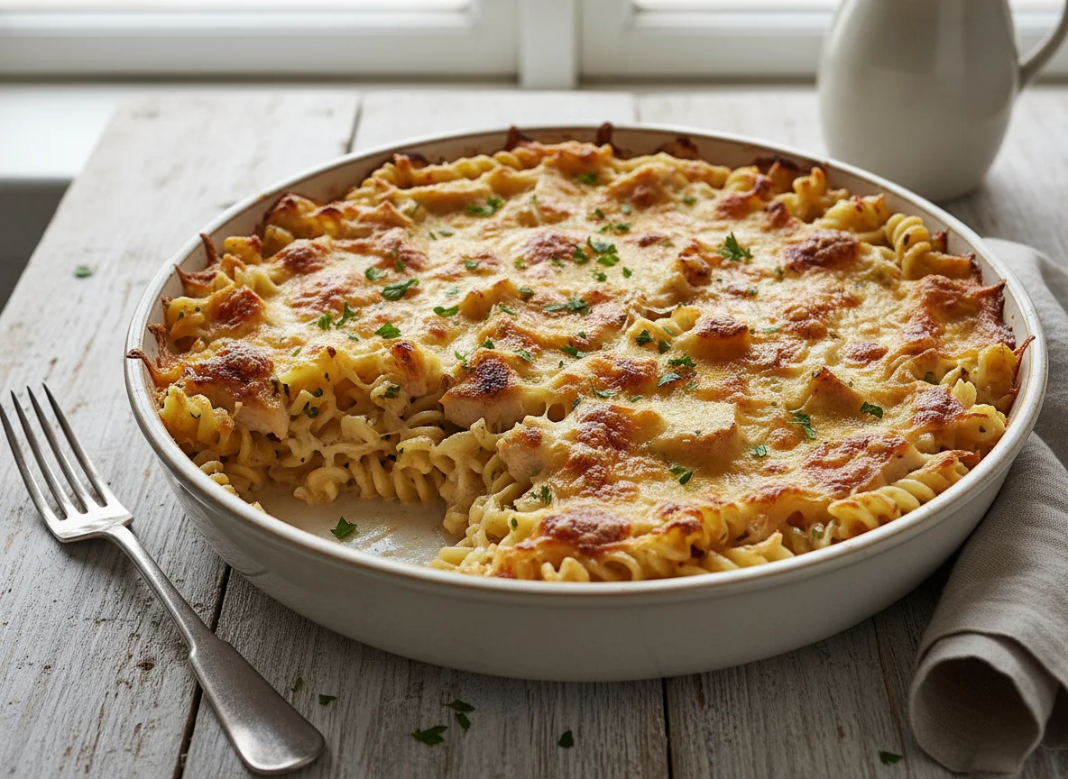 Nudelauflauf mit Hähnchen und Käse photo