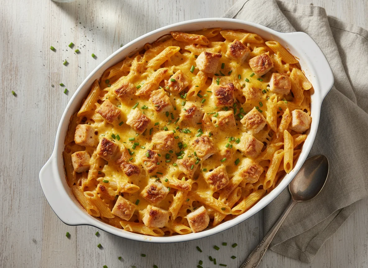 Nudelauflauf mit Hähnchen und Käsesauce photo