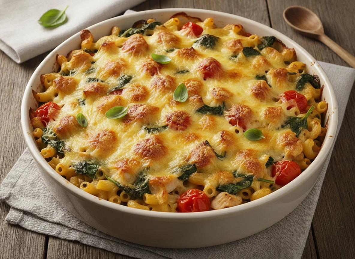 Nudelauflauf mit Hähnchen und Spinat photo