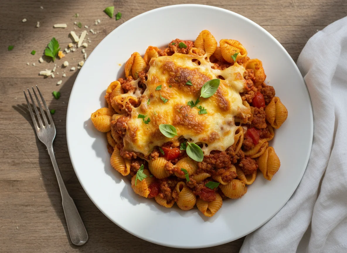Nudelauflauf mit Käse und Fleisch photo