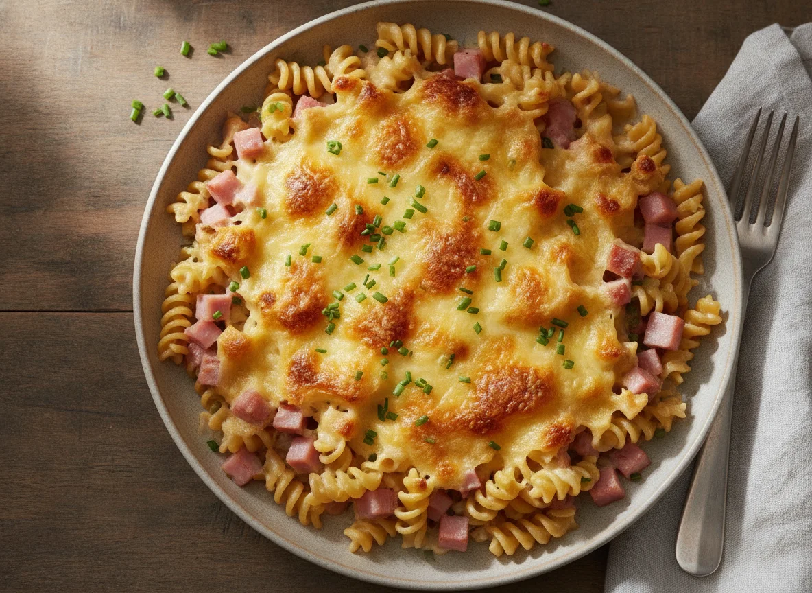Nudelauflauf mit Käse und Schinken photo