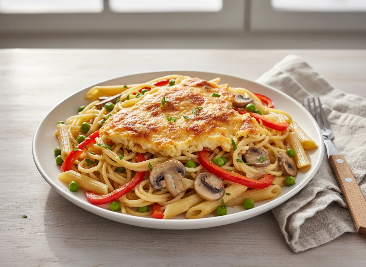 Nudelauflauf mit Paprika und Erbsen photo