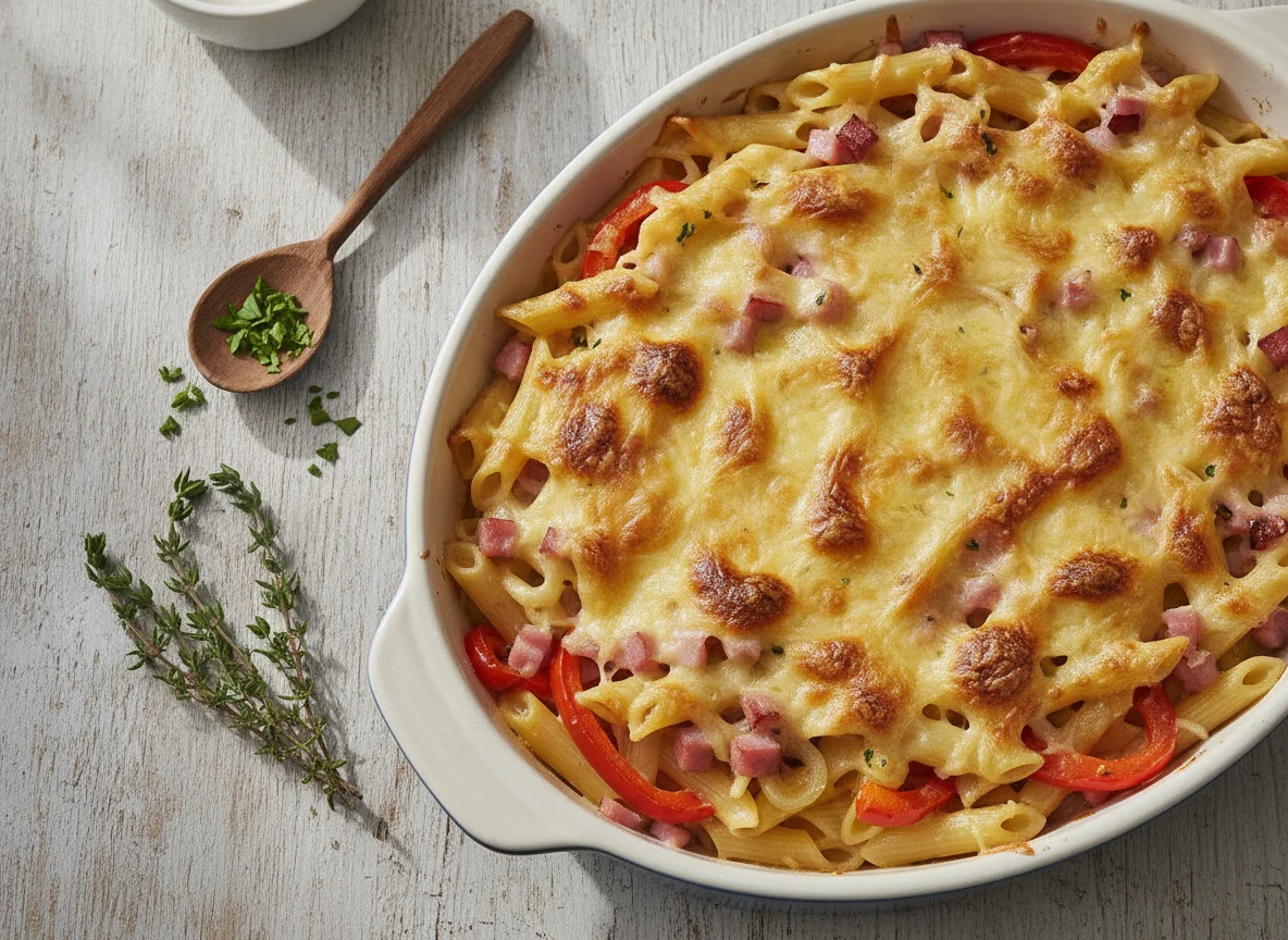 Nudelauflauf mit Paprika und Schinken photo