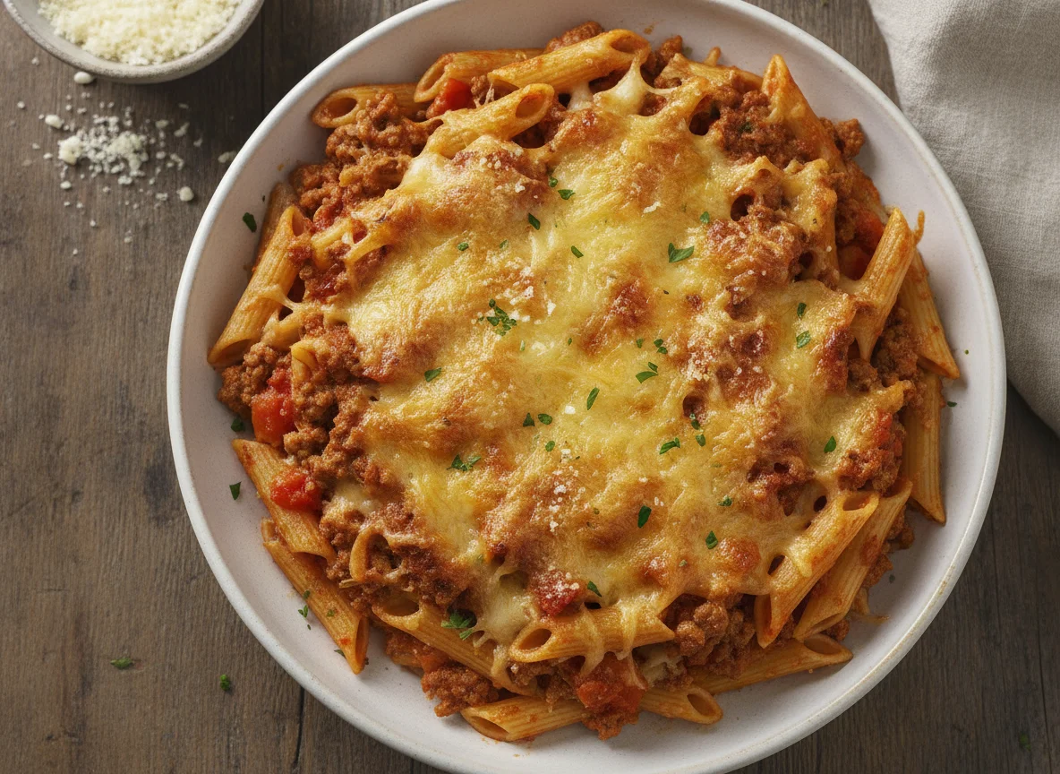 Nudelauflauf mit Penne und Käse photo