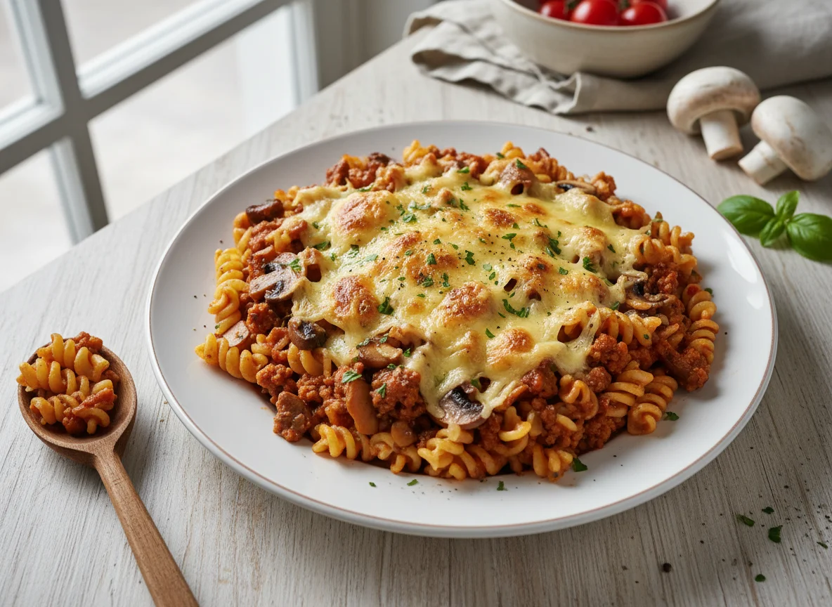 Nudelauflauf mit Pilzen und Hackfleisch photo