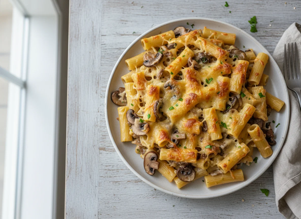 Nudelauflauf mit Pilzen und Käse photo