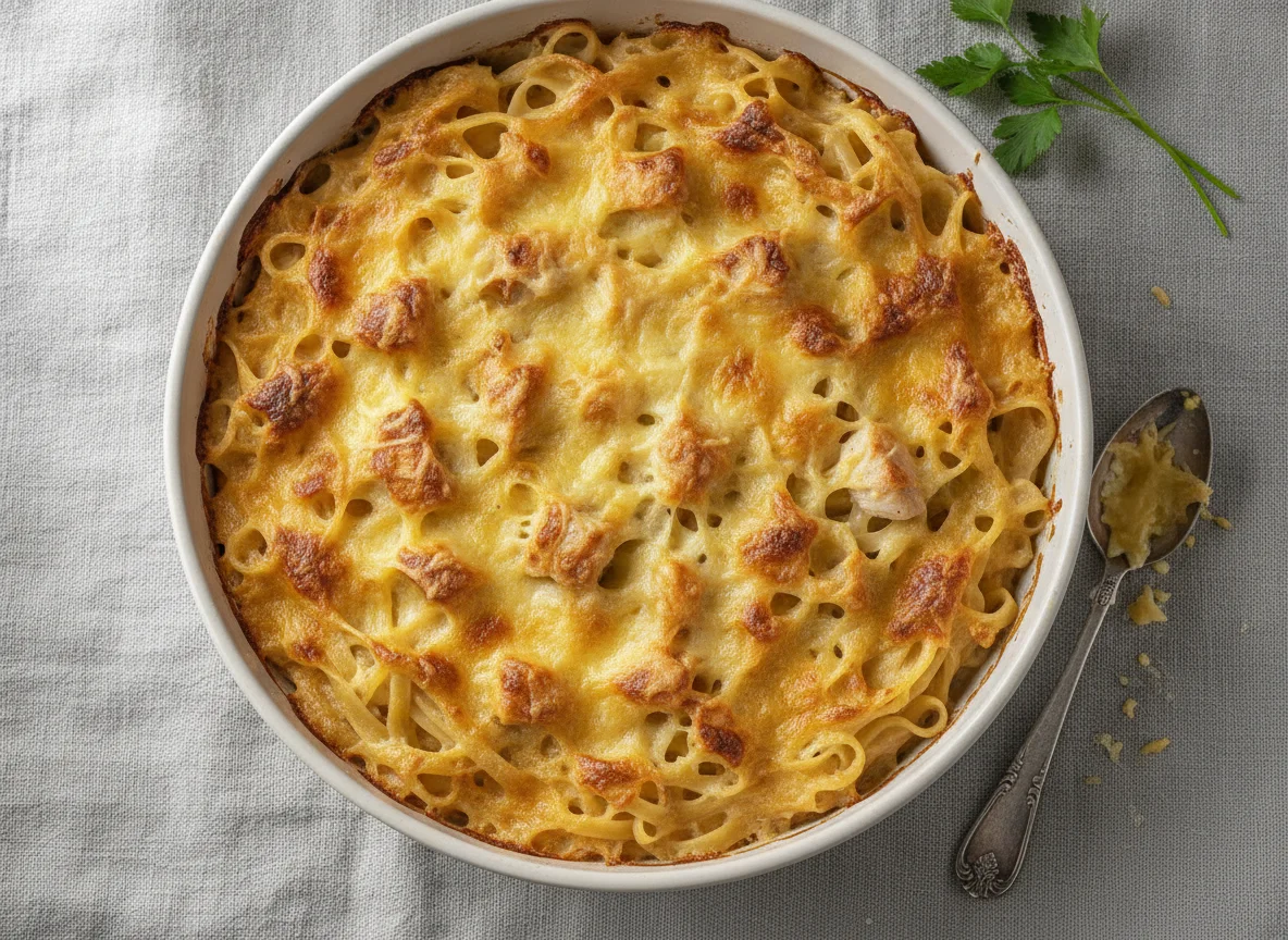 Nudelauflauf mit Sahnesauce und Käse photo