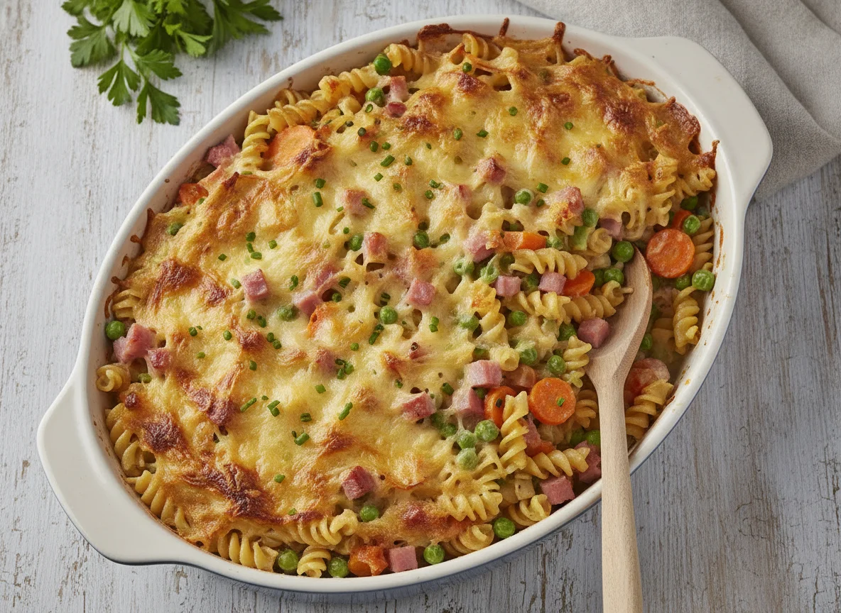 Nudelauflauf mit Schinken und Erbsen photo