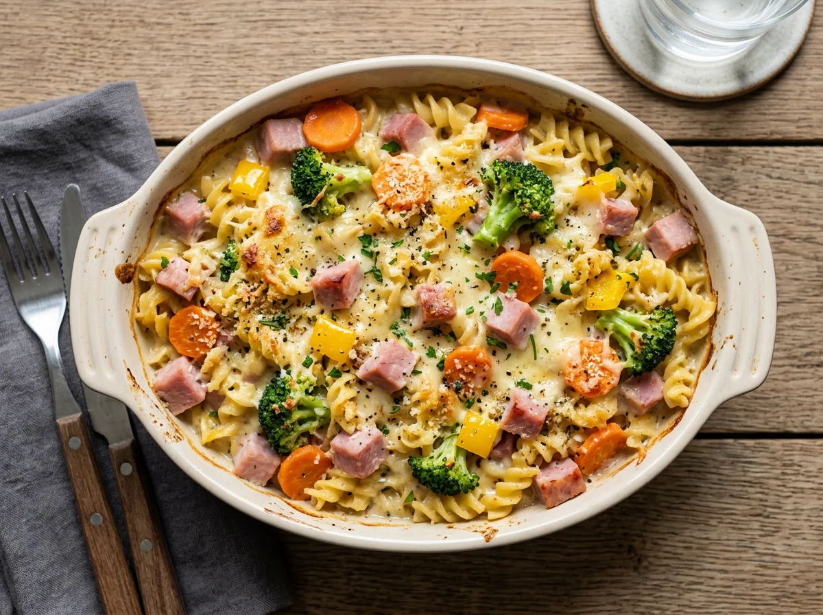 Nudelauflauf mit Schinken und Gemüse photo