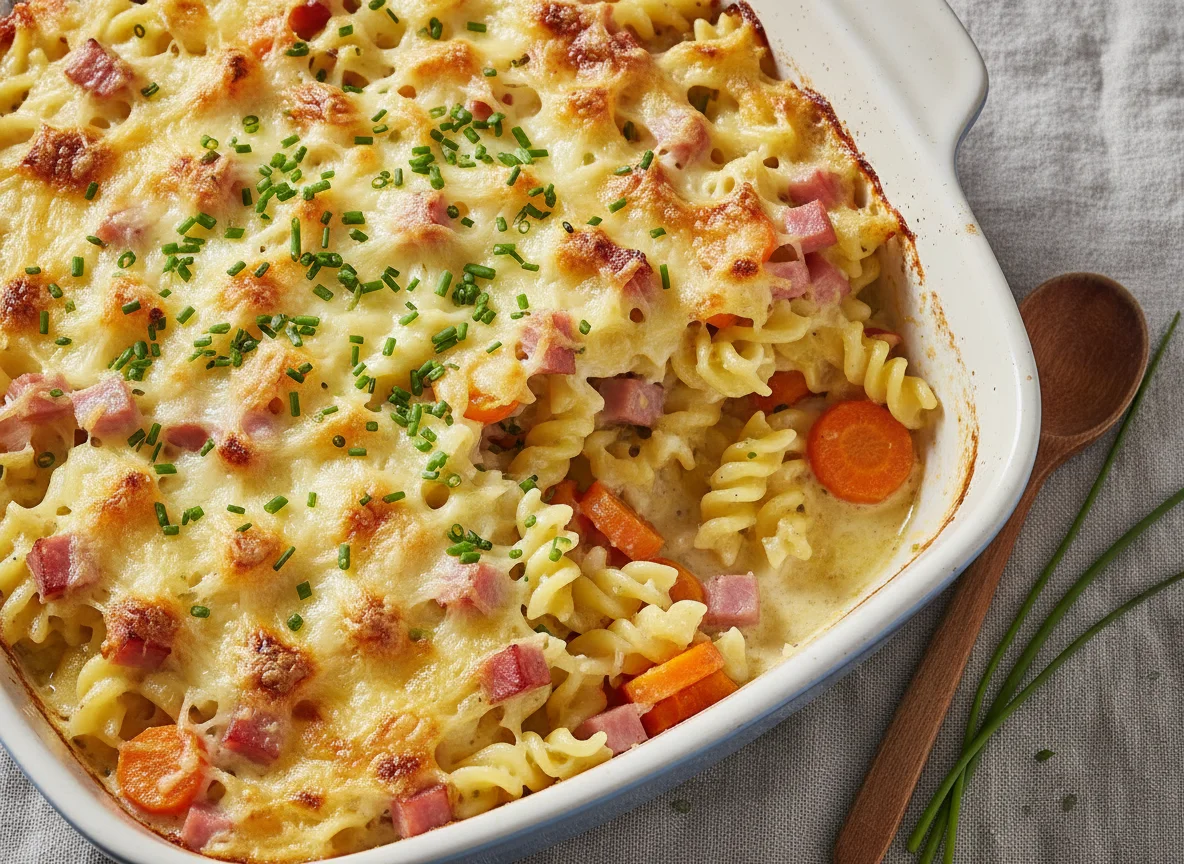 Nudelauflauf mit Schinken und Karotten photo
