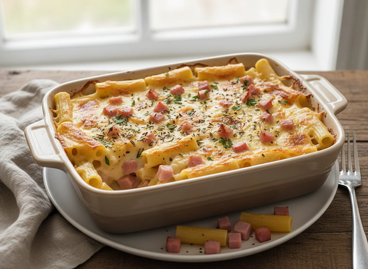Nudelauflauf mit Schinken und Käsesauce photo