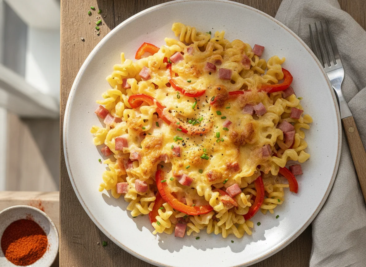 Nudelauflauf mit Schinken und Paprika photo