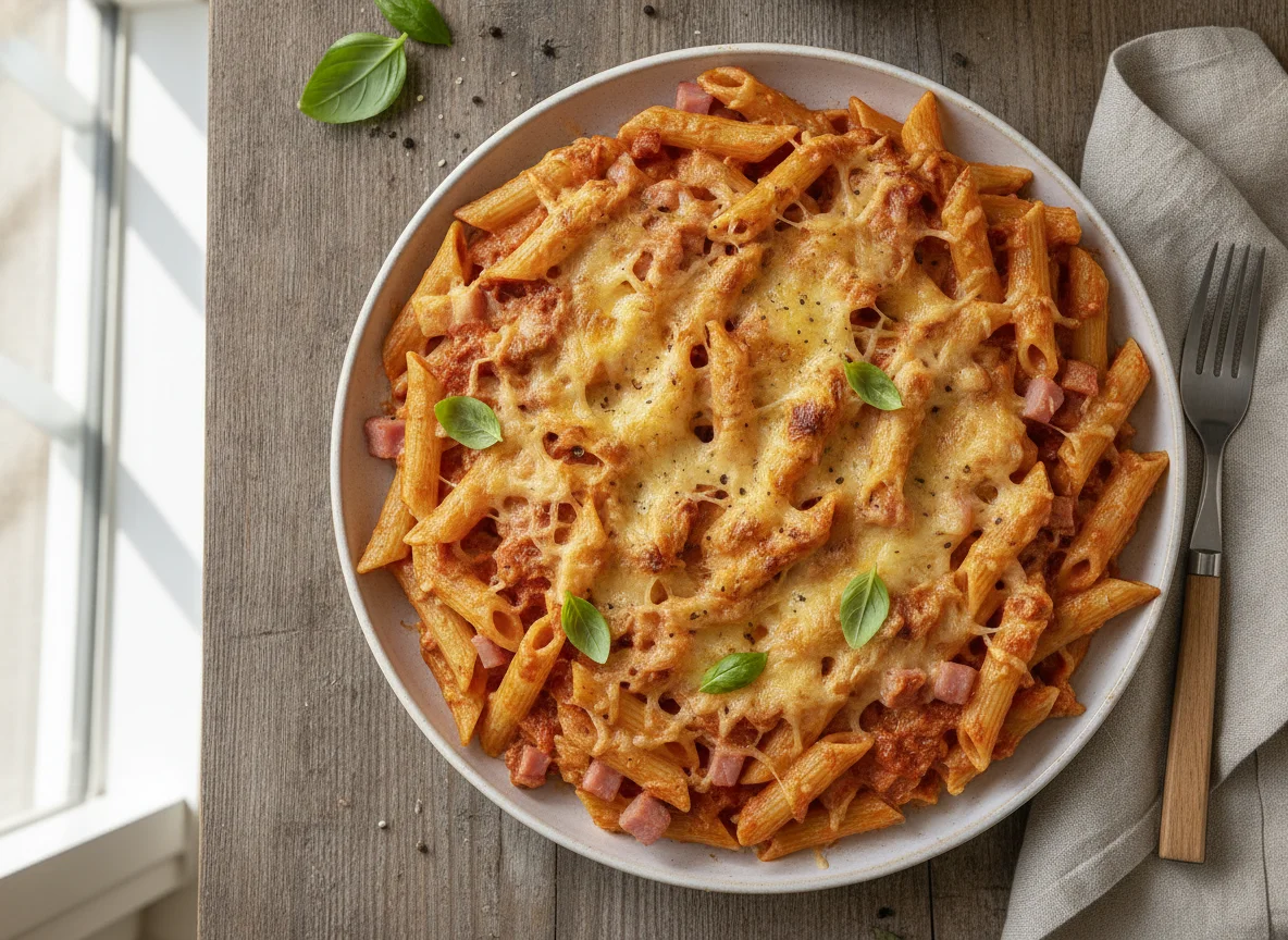 Nudelauflauf mit Schinken und Tomatensauce photo