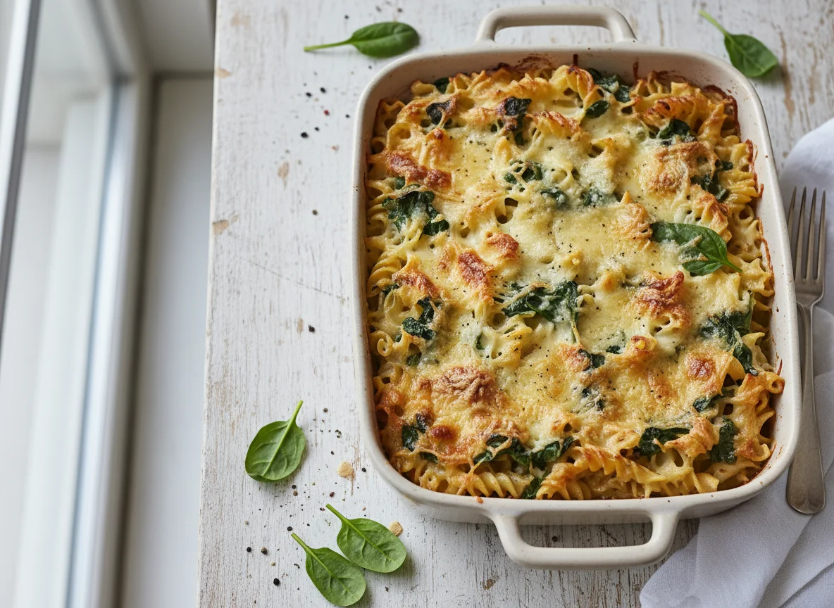 Nudelauflauf mit Spinat und Käse photo