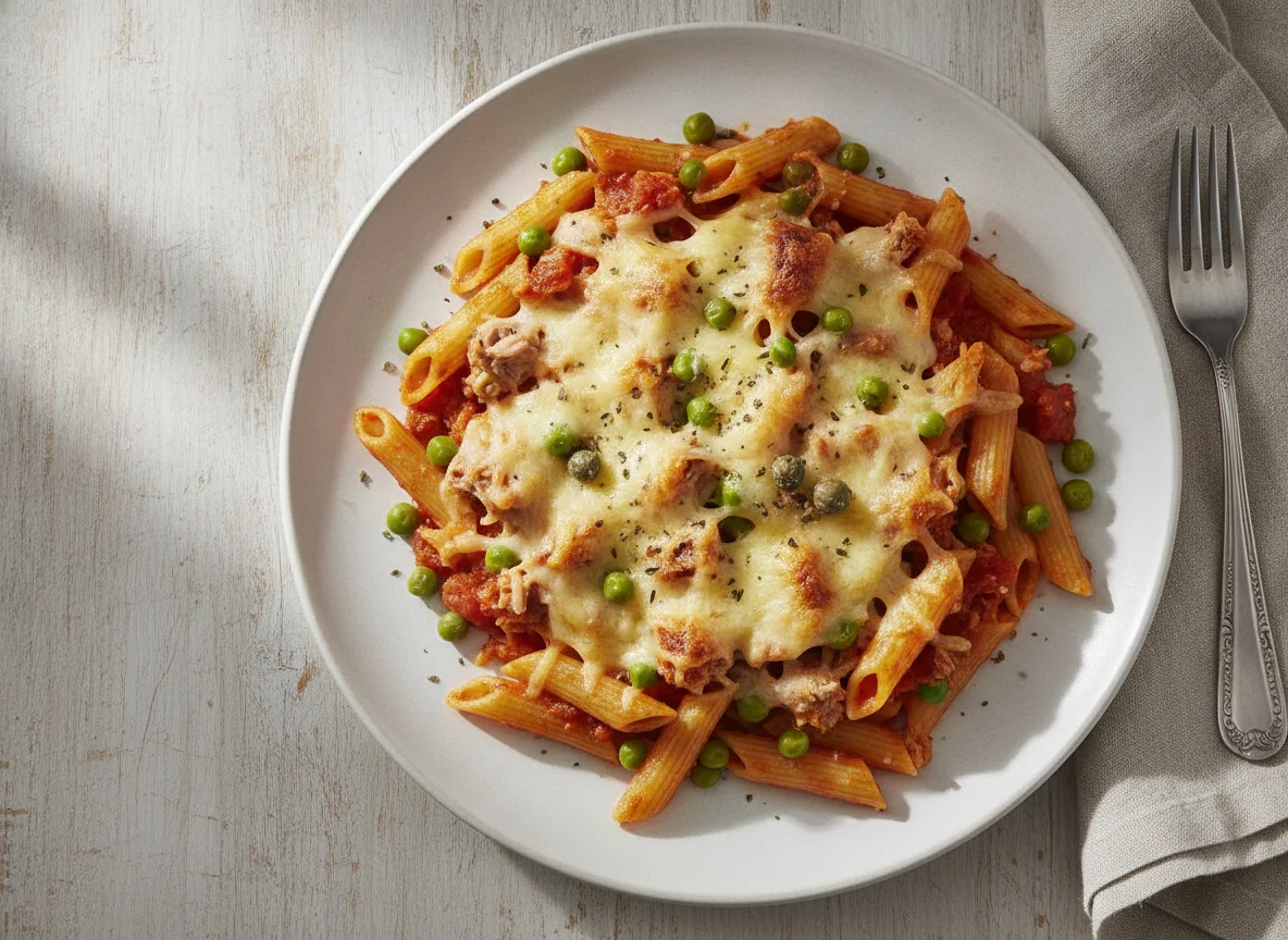Nudelauflauf mit Thunfisch, Erbsen und Käse photo