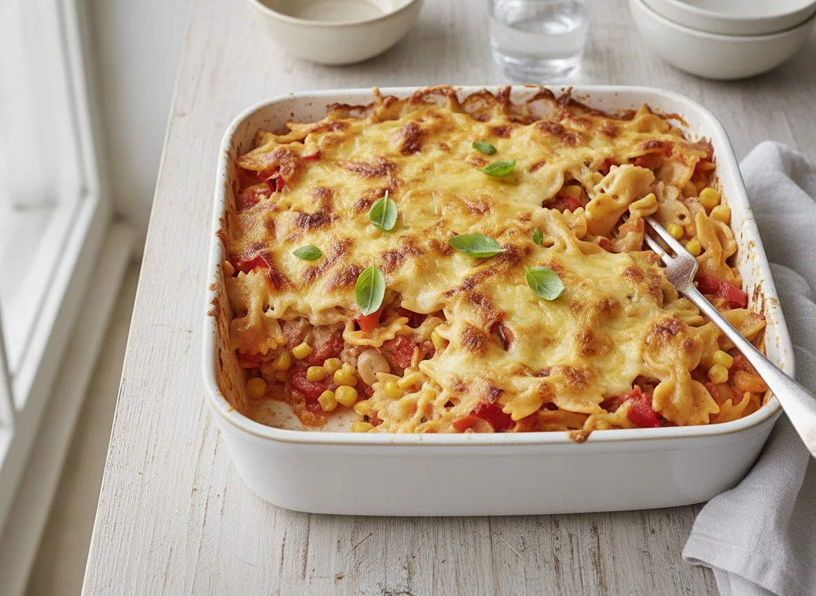 Nudelauflauf mit Tomaten-Sahne-Sauce und Käse photo