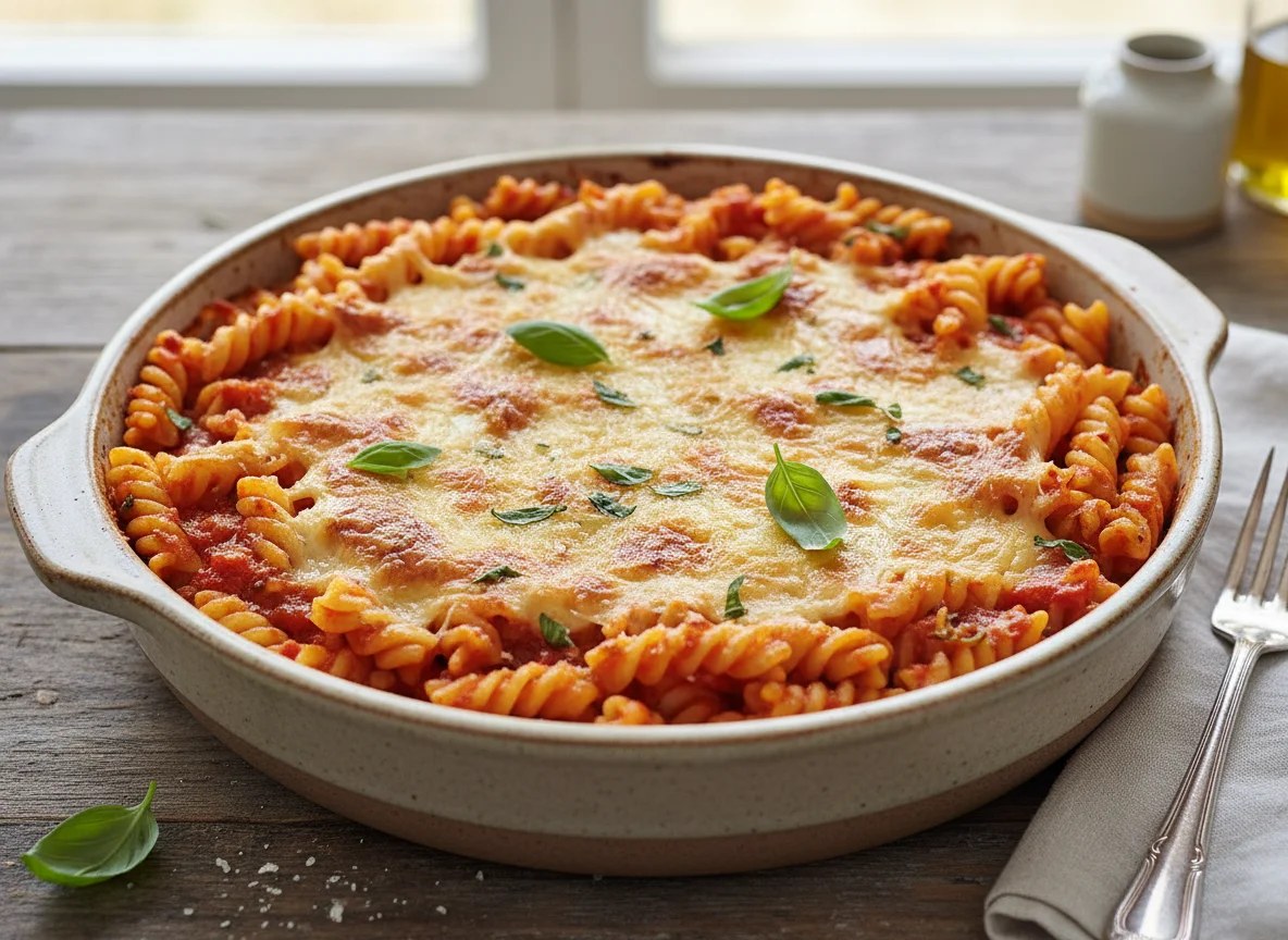 Nudelauflauf mit Tomatensauce und Käse photo