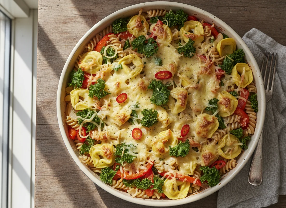 Nudelauflauf mit Tortellini, Grünkohl und Käse photo