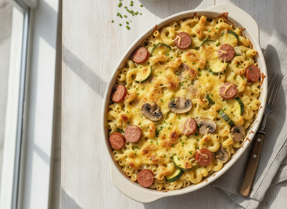 Nudelauflauf mit Wurst und Gemüse photo