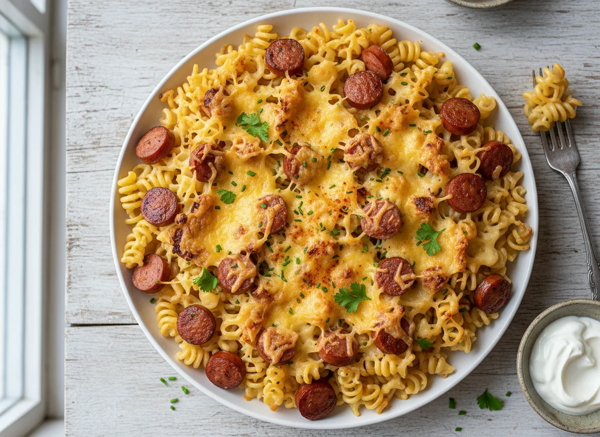Nudelauflauf mit Würstchen und Käse photo