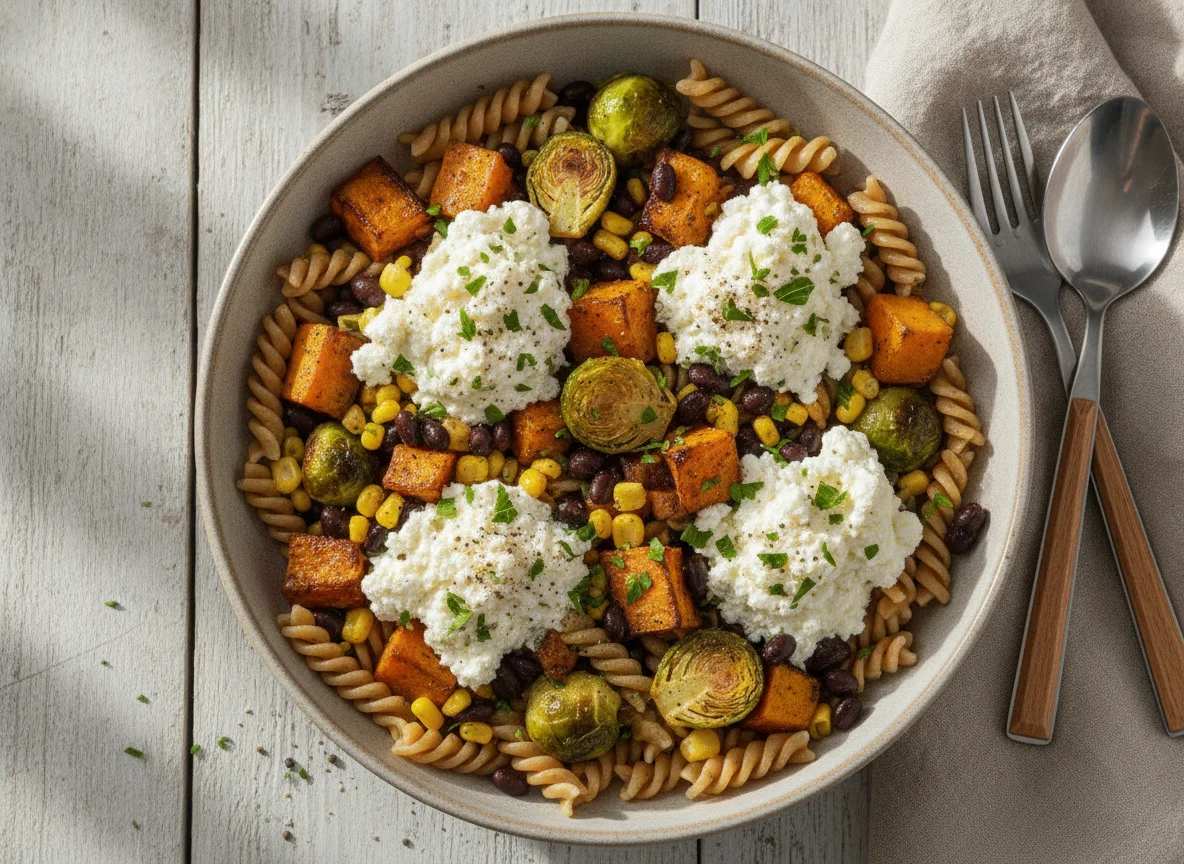 Nudelbowl mit Gemüse und Hüttenkäse photo