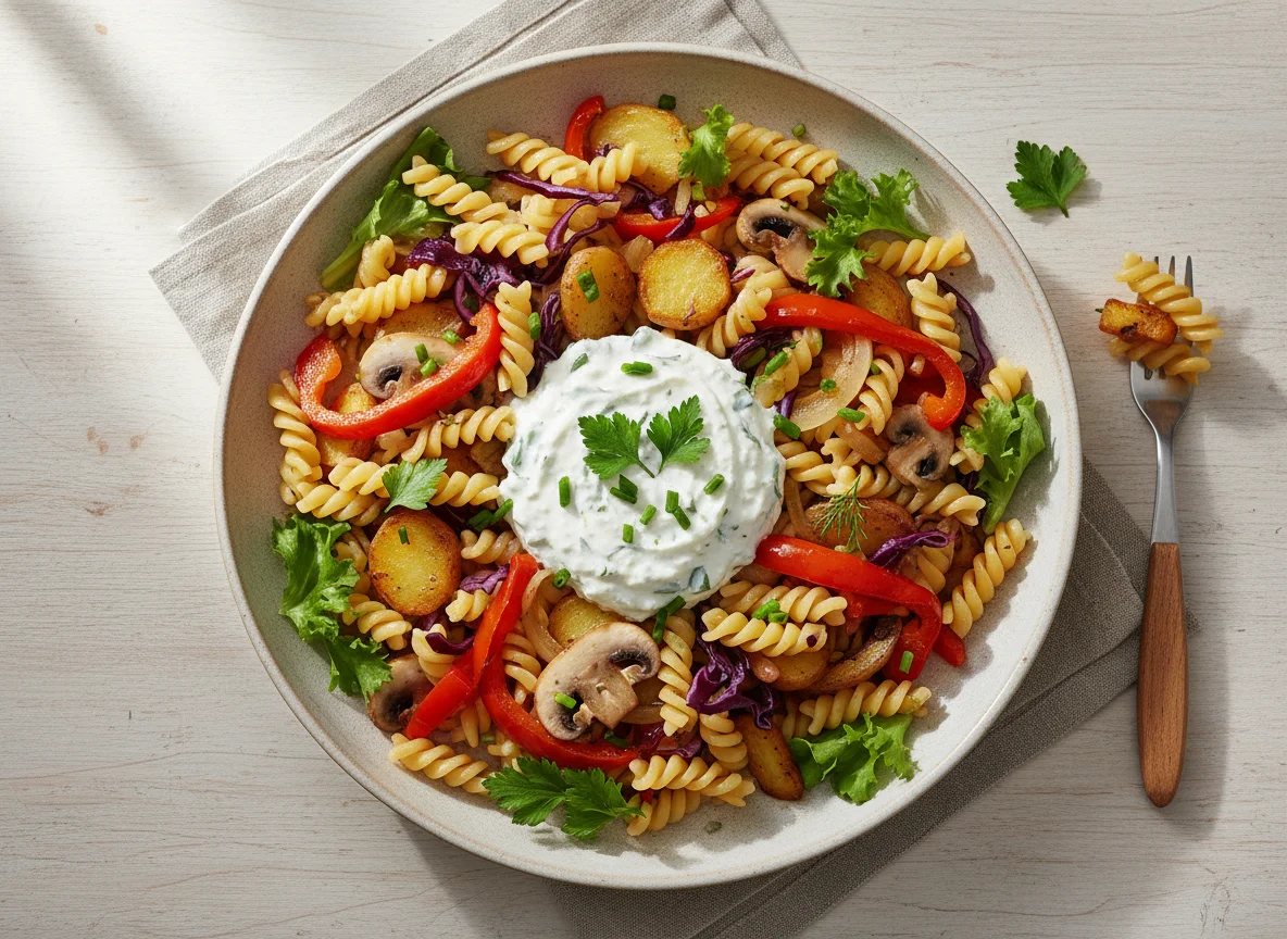 Nudel-Gemüse-Pfanne mit Kartoffeln und Kräuterquark photo