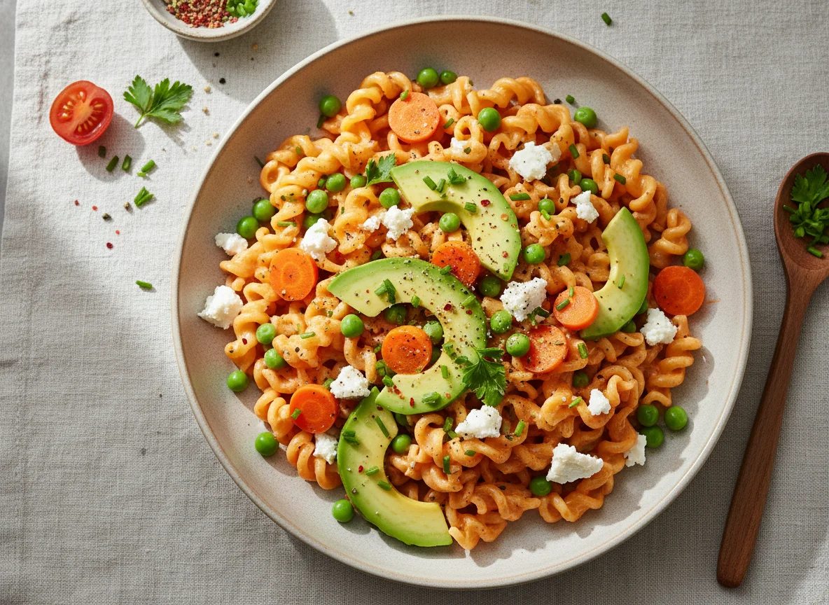 Nudelgericht mit Avocado, Feta und Gemüse photo