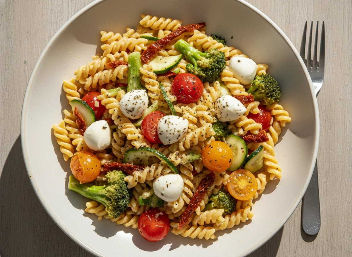 Nudelgericht mit Brokkoli, Tomaten und Mozzarella photo