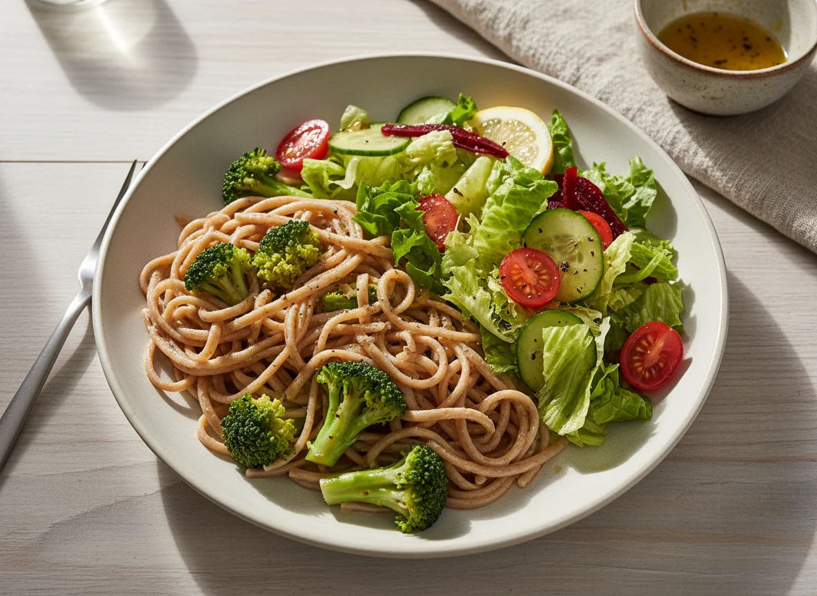 Nudelgericht mit Brokkoli und gemischtem Salat photo