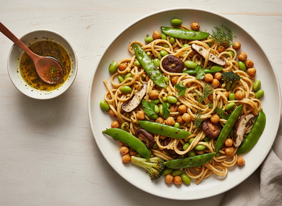 Nudelgericht mit Edamame, Pilzen und Zuckerschoten photo
