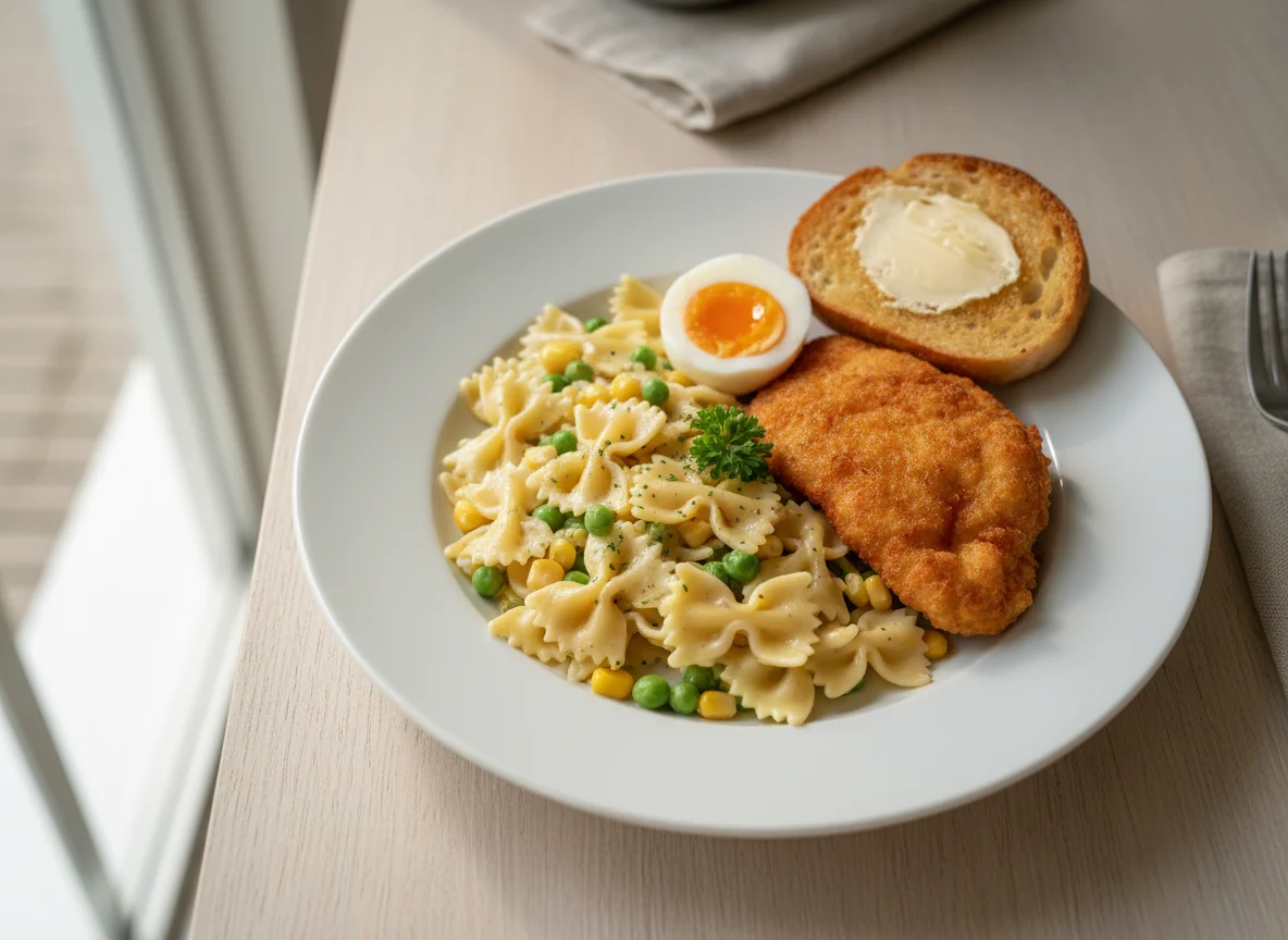 Nudelgericht mit Ei und Toast photo