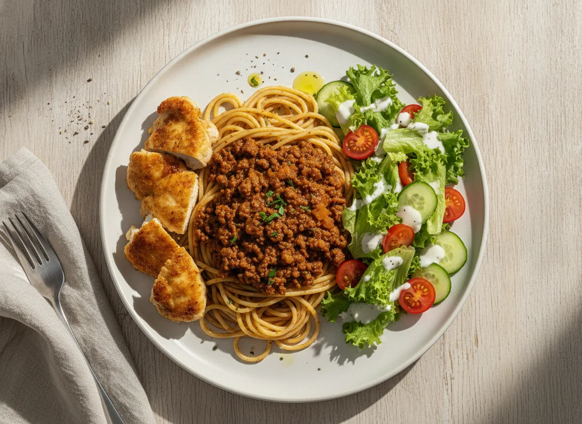 Nudelgericht mit Fleischsauce, Salat und Hähnchen photo