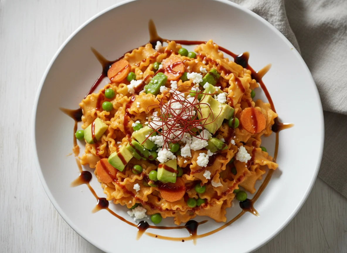 Nudelgericht mit Frischkäse-Tomatensoße und Avocado photo