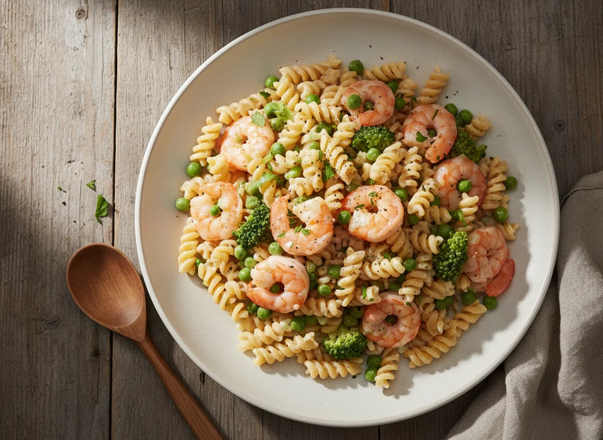 Nudelgericht mit Garnelen und Gemüse photo