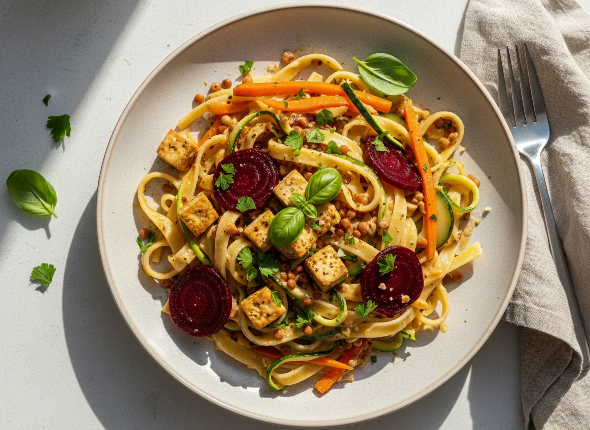 Nudelgericht mit Gemüse und cremiger Sauce photo