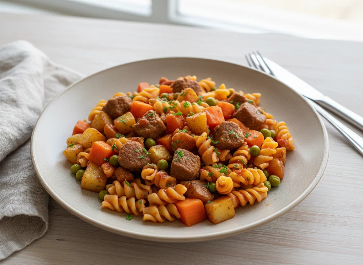 Nudelgericht mit Gemüse und Fleisch photo