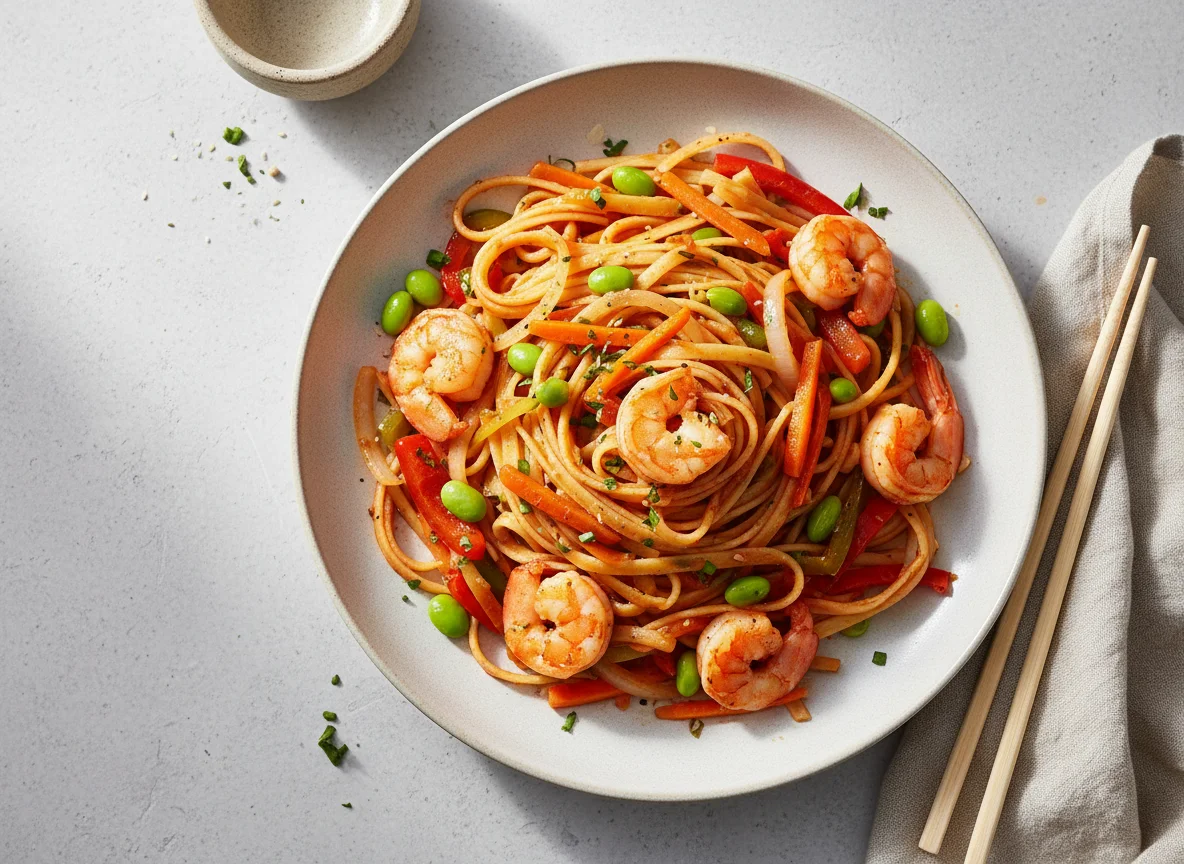 Nudelgericht mit Gemüse und Garnelen photo