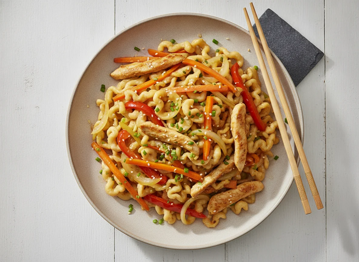 Nudelgericht mit Gemüse und Hühnchen photo