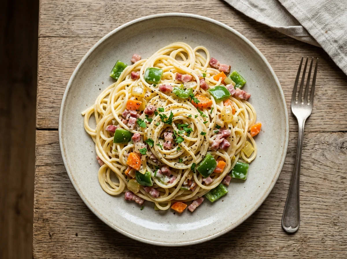 Nudelgericht mit Gemüse und Sahnesauce photo