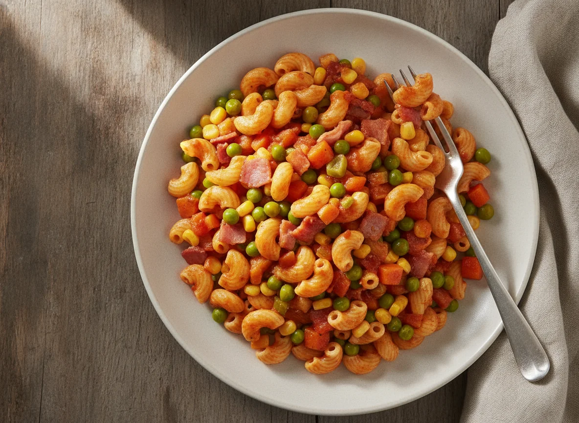 Nudelgericht mit Gemüse und Speck photo