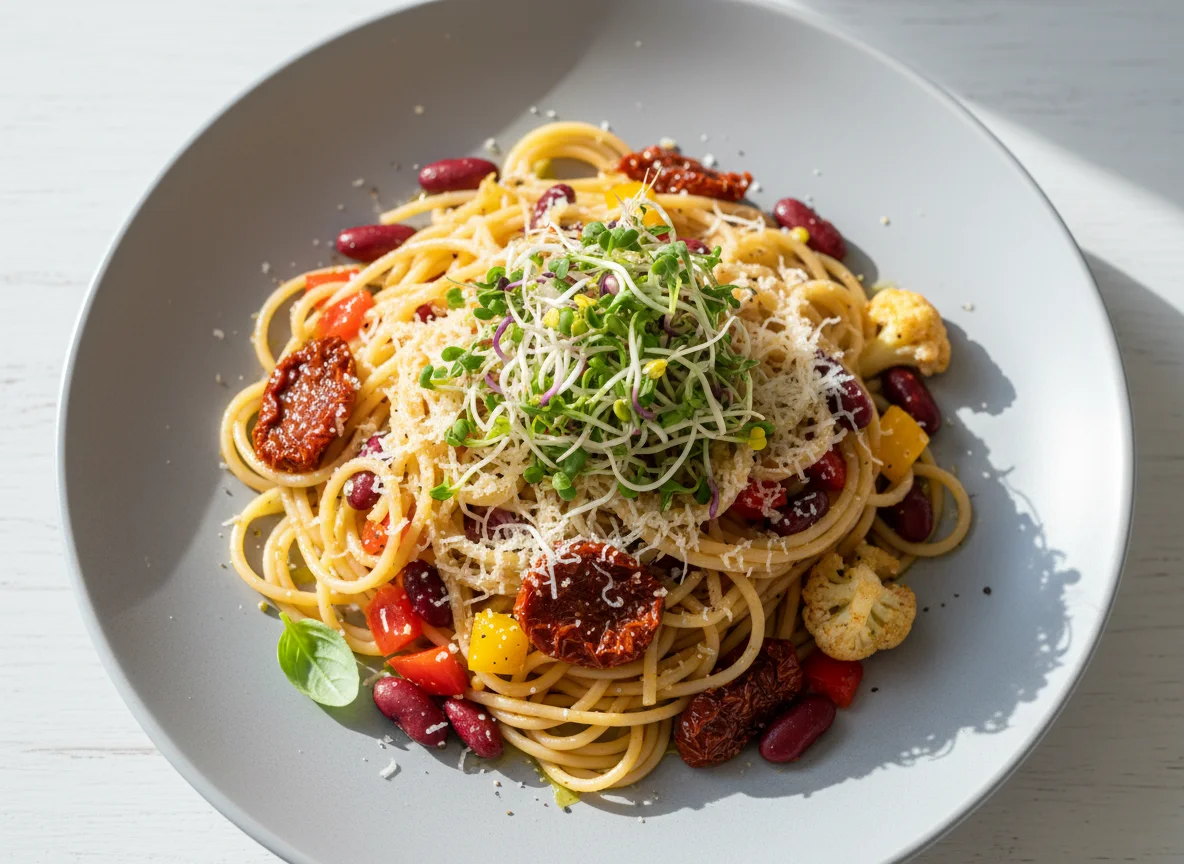 Nudelgericht mit Gemüse und Sprossen photo