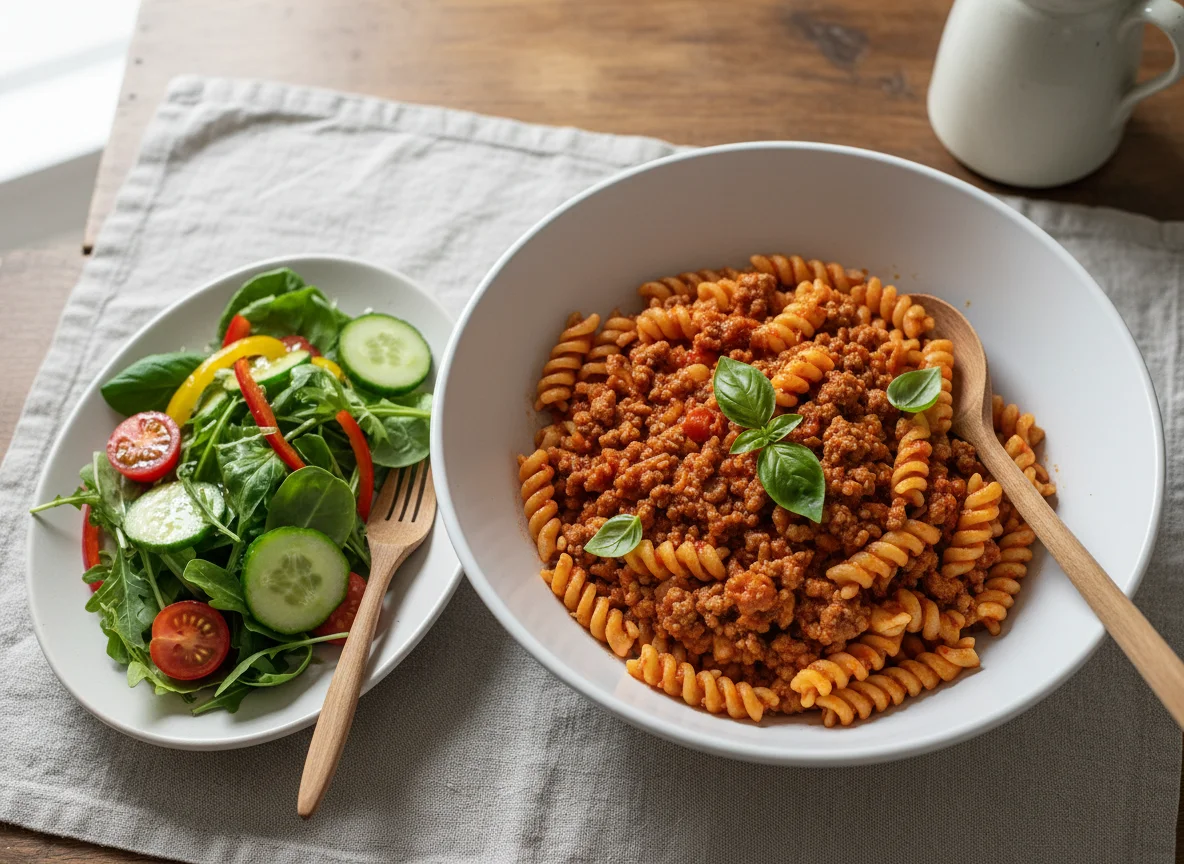 Nudelgericht mit Hackfleisch und Beilagensalat photo
