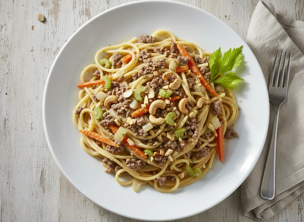 Nudelgericht mit Hackfleisch und Gemüse photo