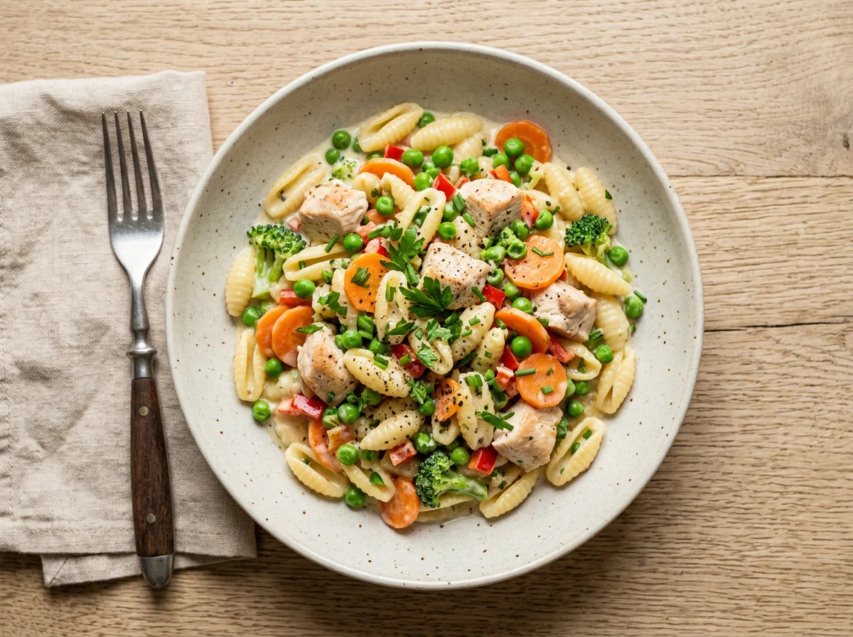 Nudelgericht mit Hähnchen und Gemüse in Sahnesauce photo