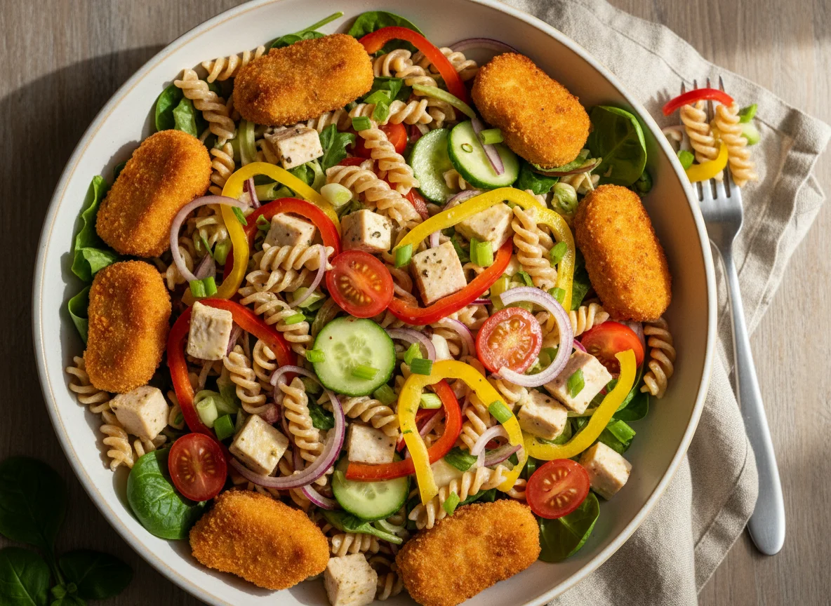Nudelgericht mit Hähnchen und Salat photo